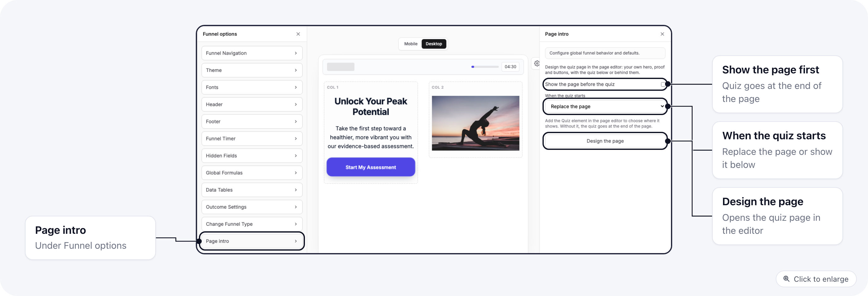 Quiz builder, Funnel options, Page intro: show the page before the quiz, when the quiz starts, and Design the page