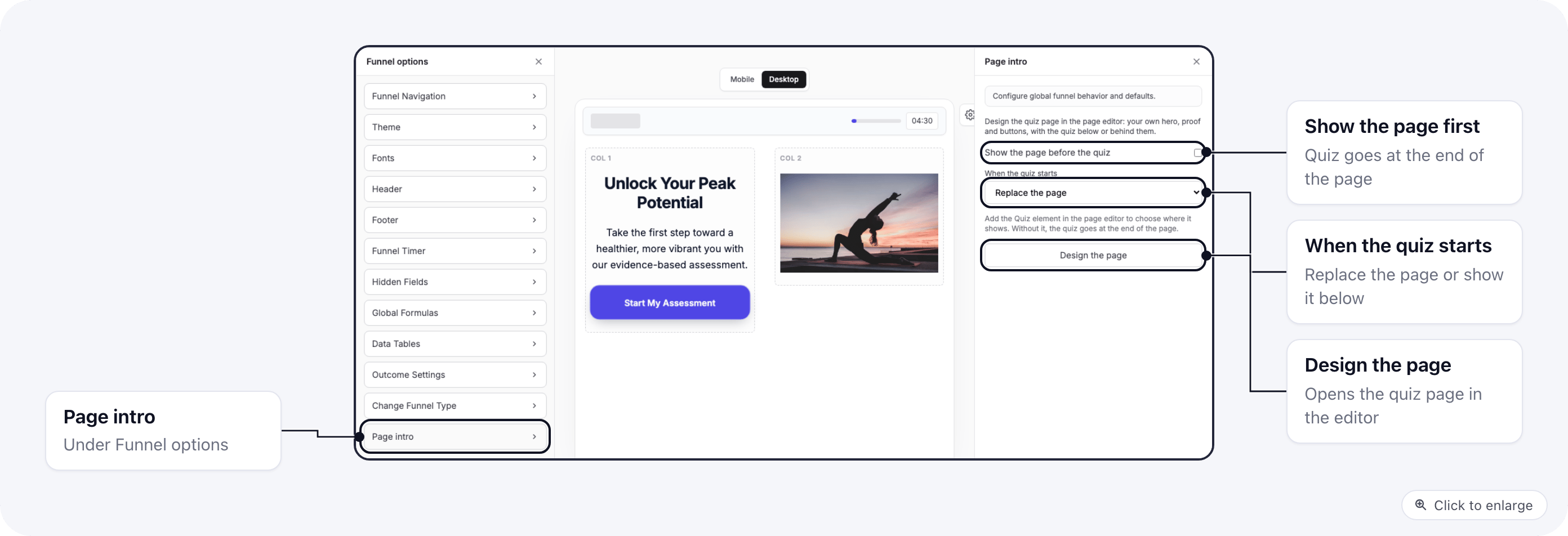 Quiz builder, Funnel options, Page intro: show the page before the quiz, when the quiz starts, and Design the page