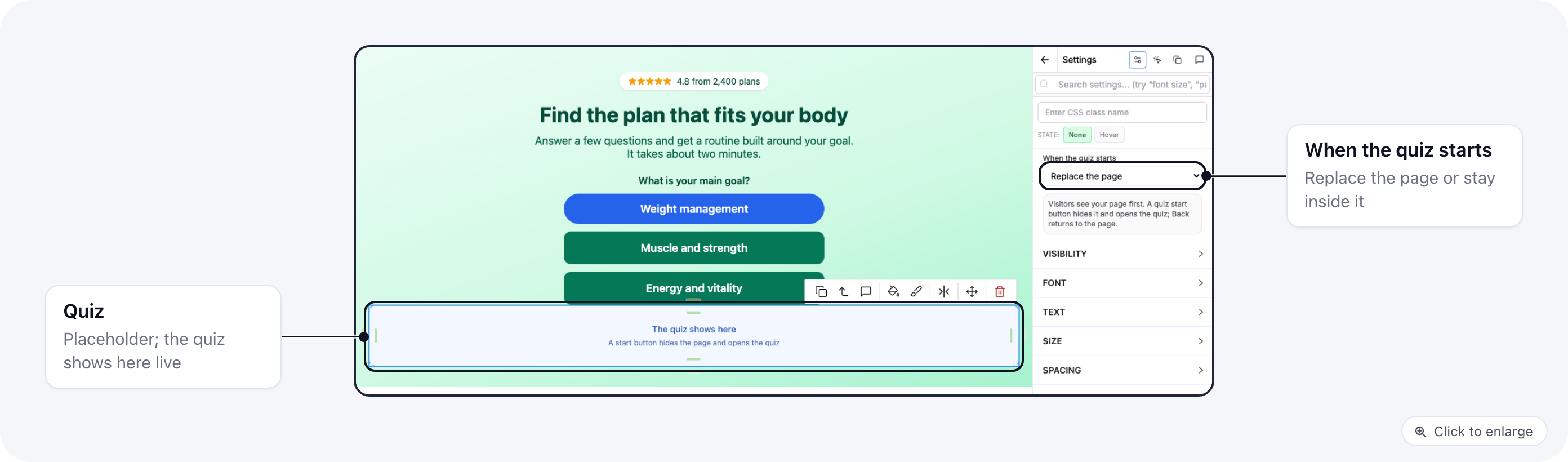 The Quiz element on the page with its When the quiz starts setting