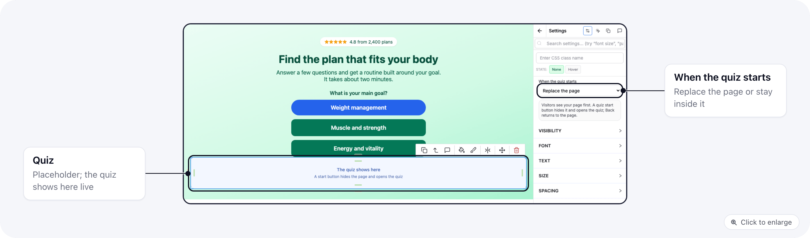The Quiz element on the page with its When the quiz starts setting