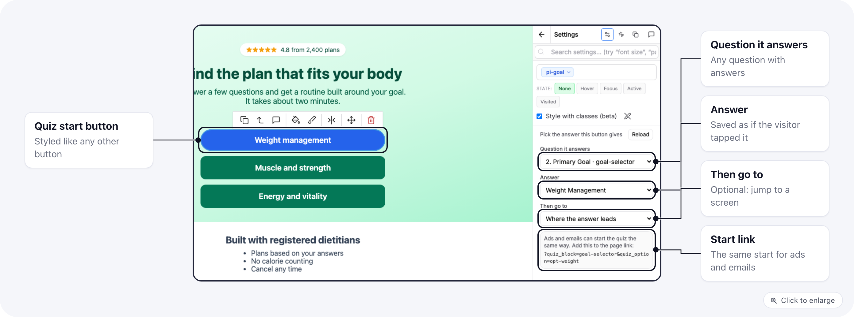 A Quiz start button selected in the page editor, with its question, answer, next screen and start link in the settings panel