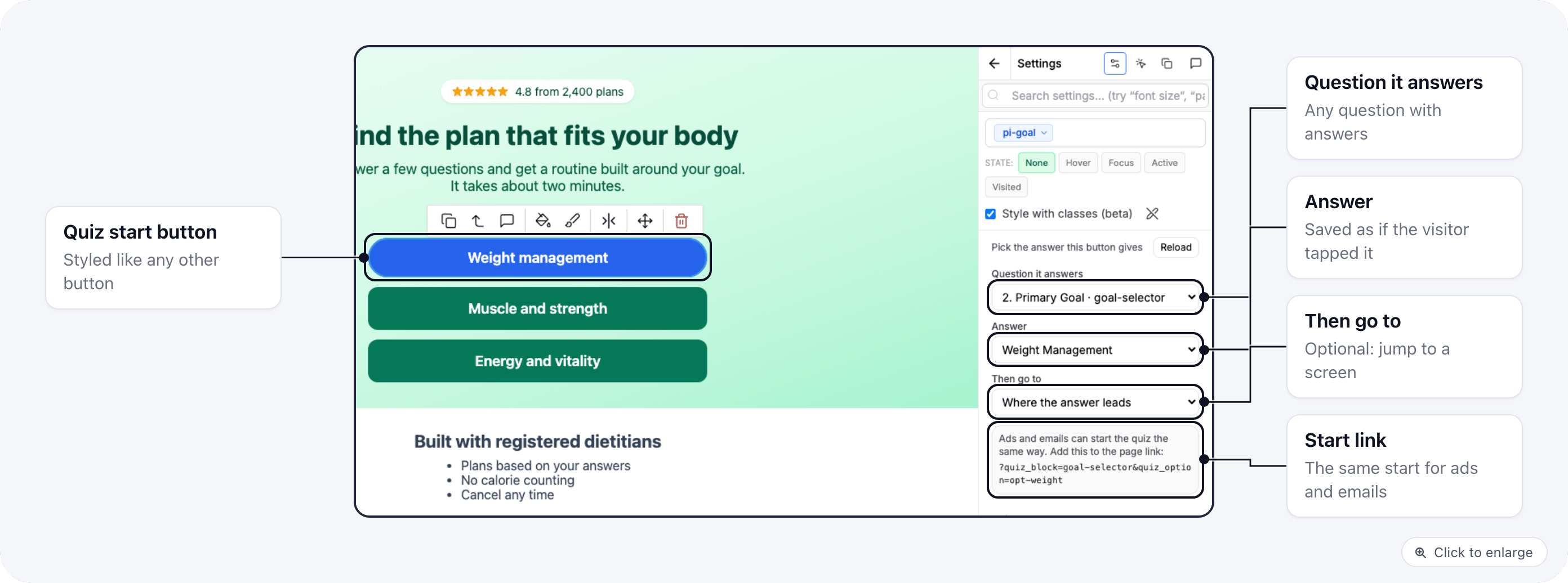 A Quiz start button selected in the page editor, with its question, answer, next screen and start link in the settings panel