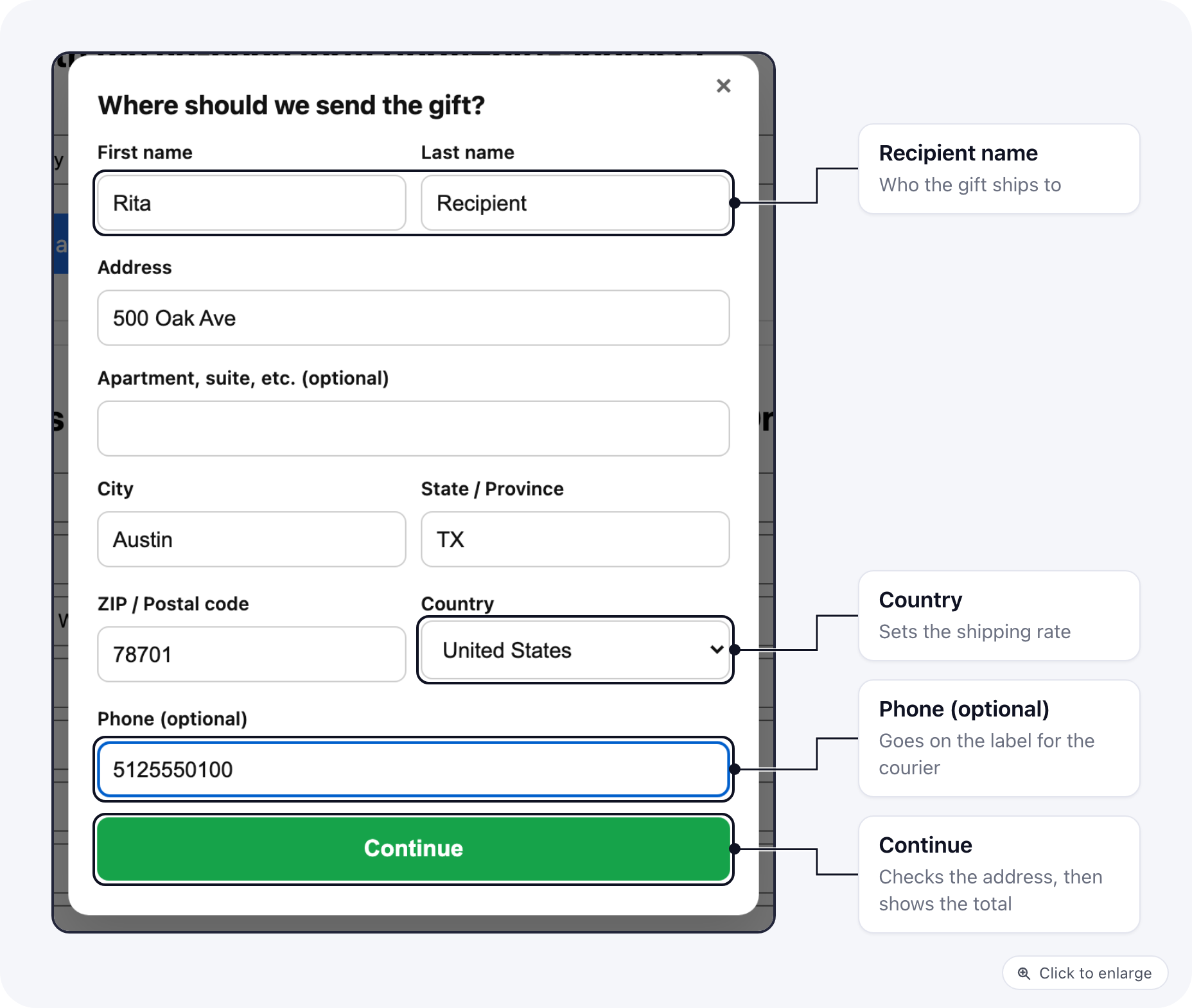 The upsell form's address step: recipient name, address, city, state, ZIP, country, optional phone and Continue