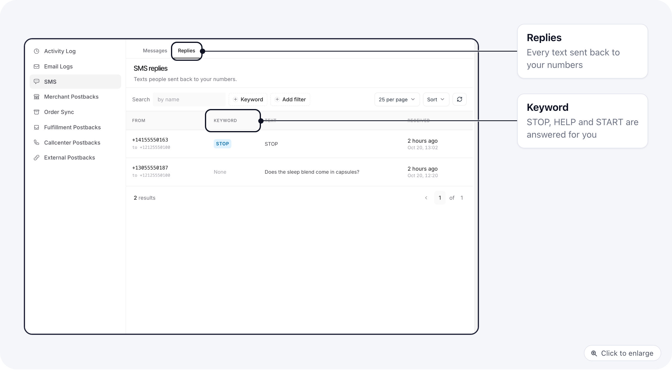 The Replies view of the SMS log: a STOP reply and a question from a customer