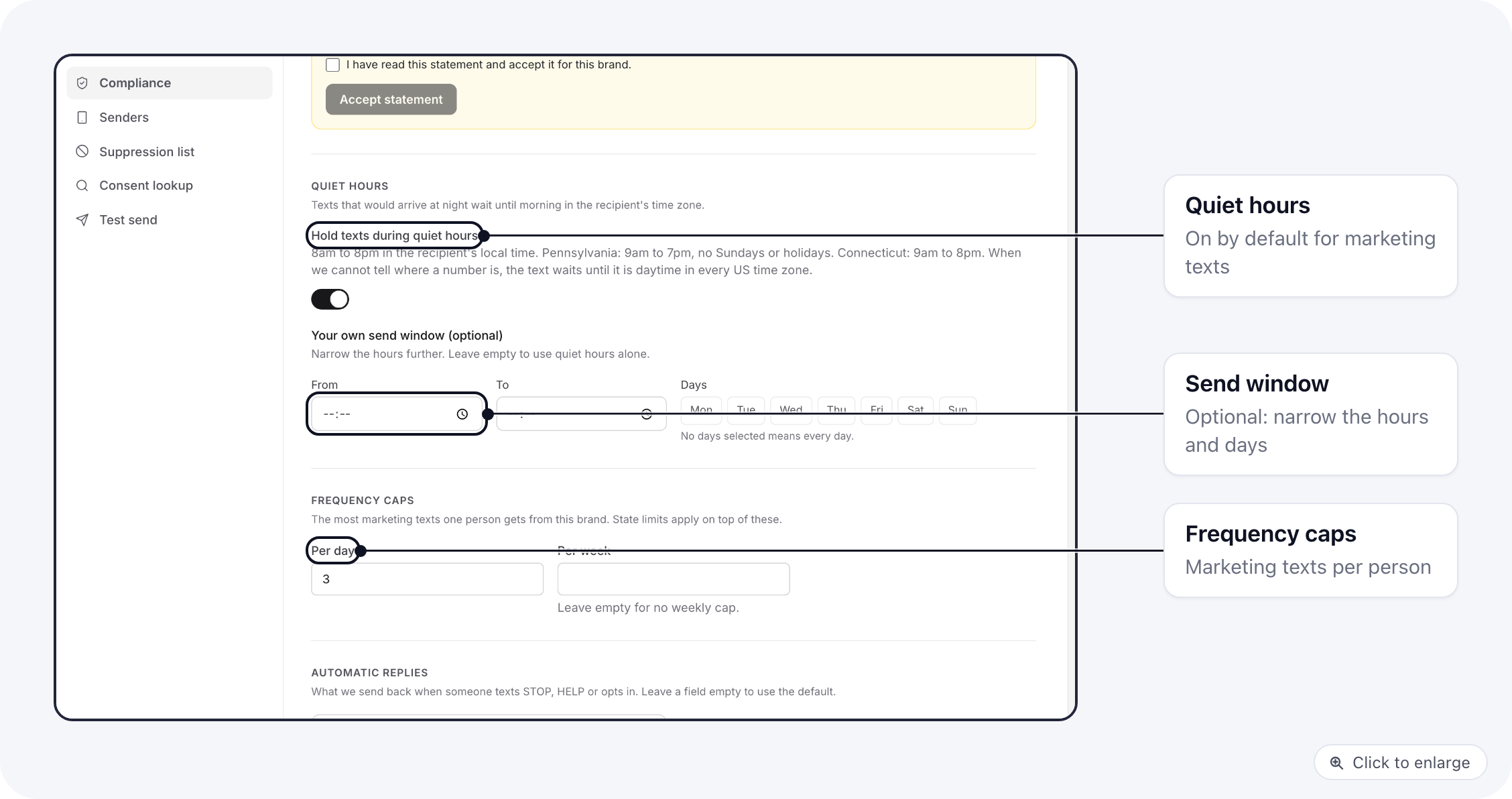 Quiet hours on the Compliance tab, the optional send window and the frequency caps