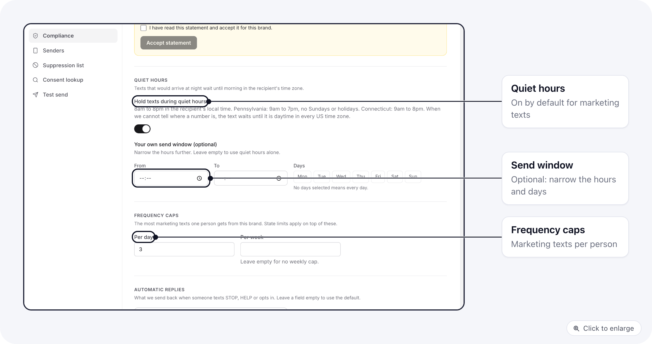 Quiet hours on the Compliance tab, the optional send window and the frequency caps