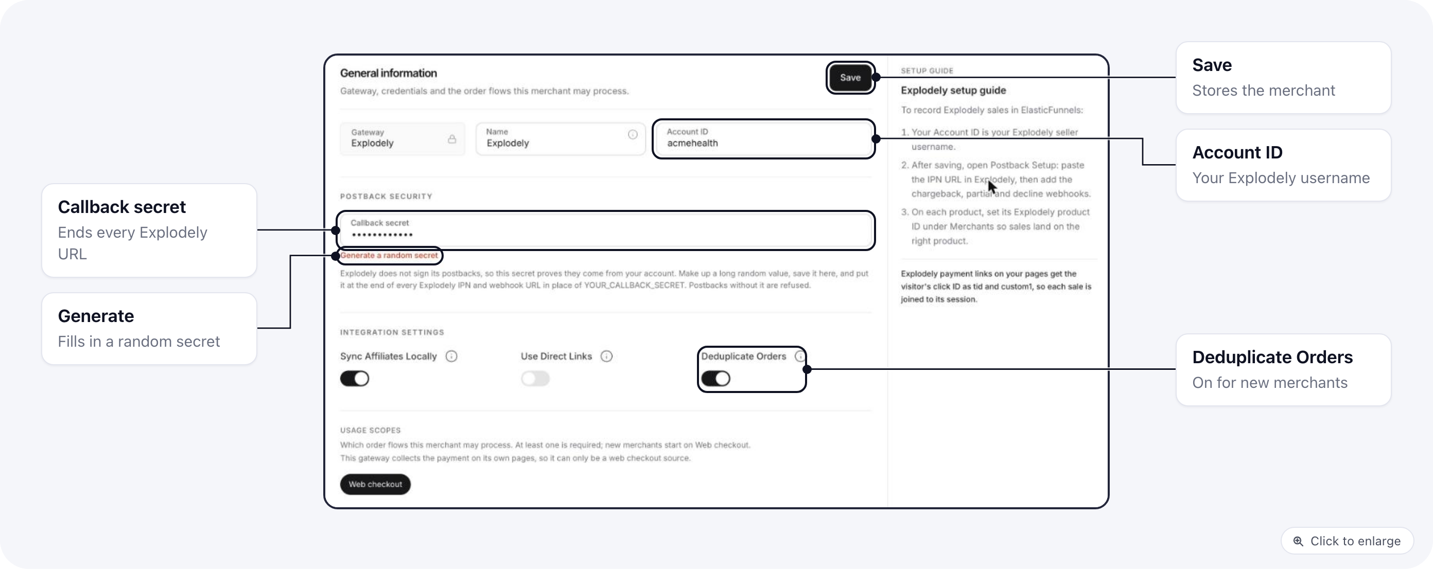 An Explodely merchant in ElasticFunnels on General information: Account ID, Callback secret, Generate a random secret, Deduplicate Orders and Save