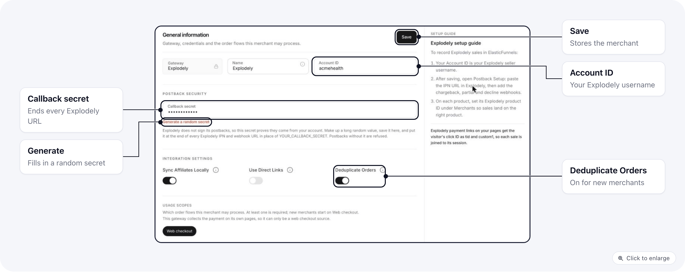 An Explodely merchant in ElasticFunnels on General information: Account ID, Callback secret, Generate a random secret, Deduplicate Orders and Save