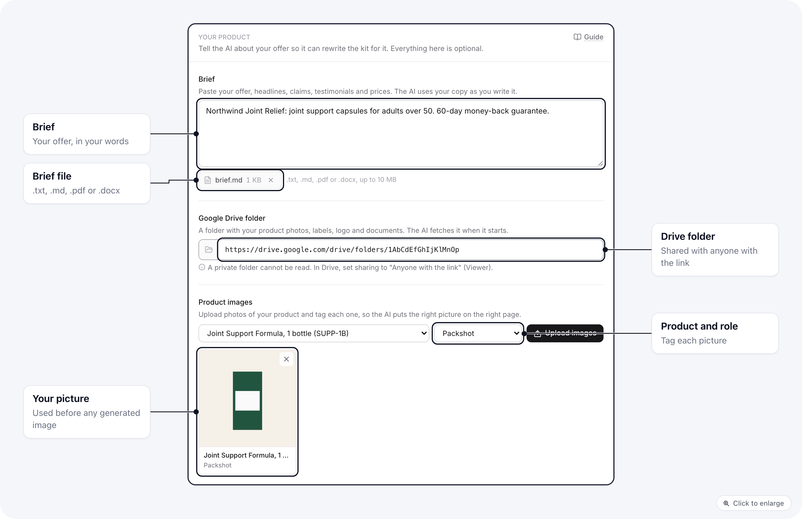 The Your product section of a kit review: the brief box with an attached brief file, the Google Drive folder link, and a product photo tagged with its product and the role Packshot
