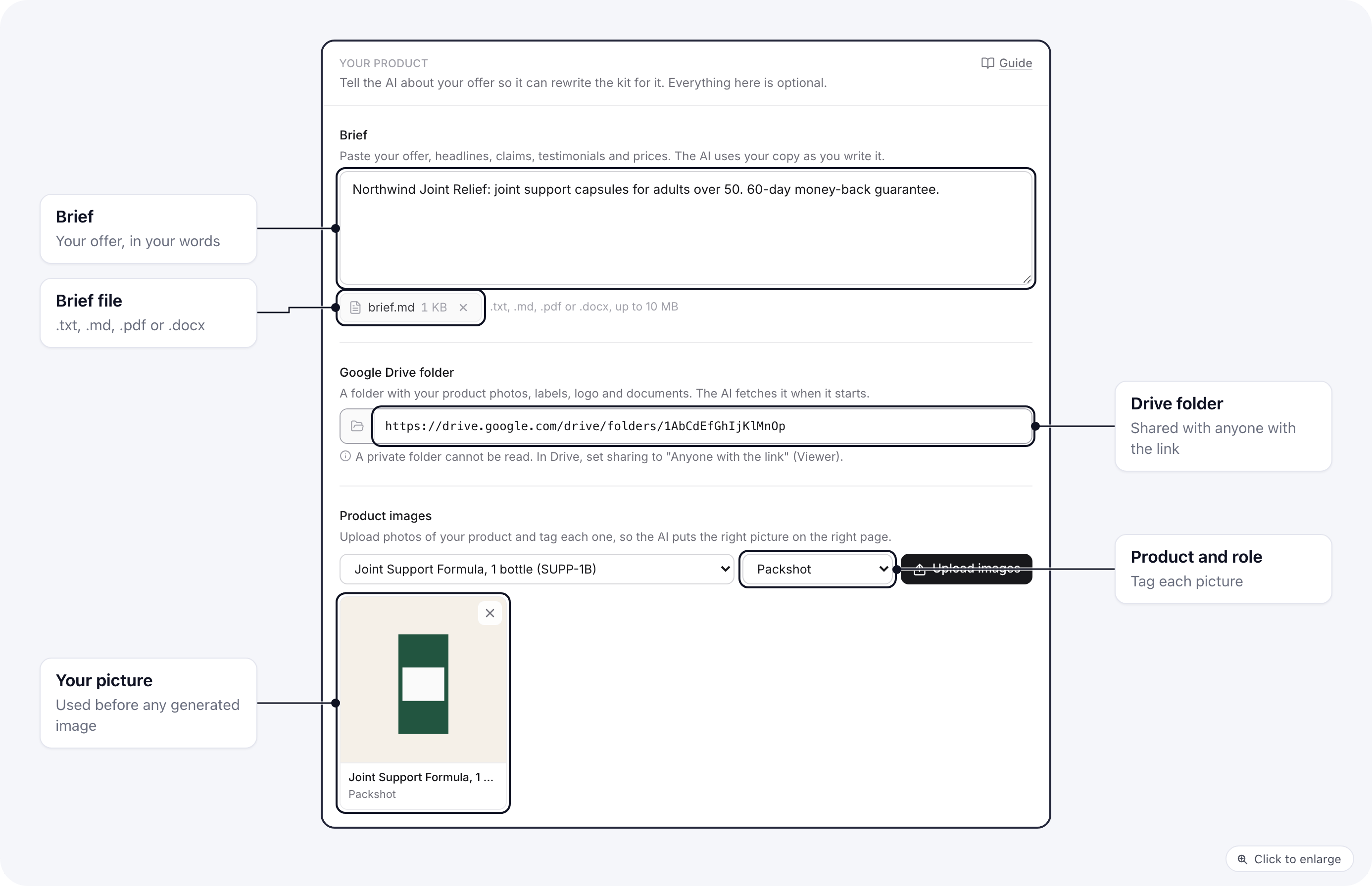 The Your product section of a kit review: the brief box with an attached brief file, the Google Drive folder link, and a product photo tagged with its product and the role Packshot
