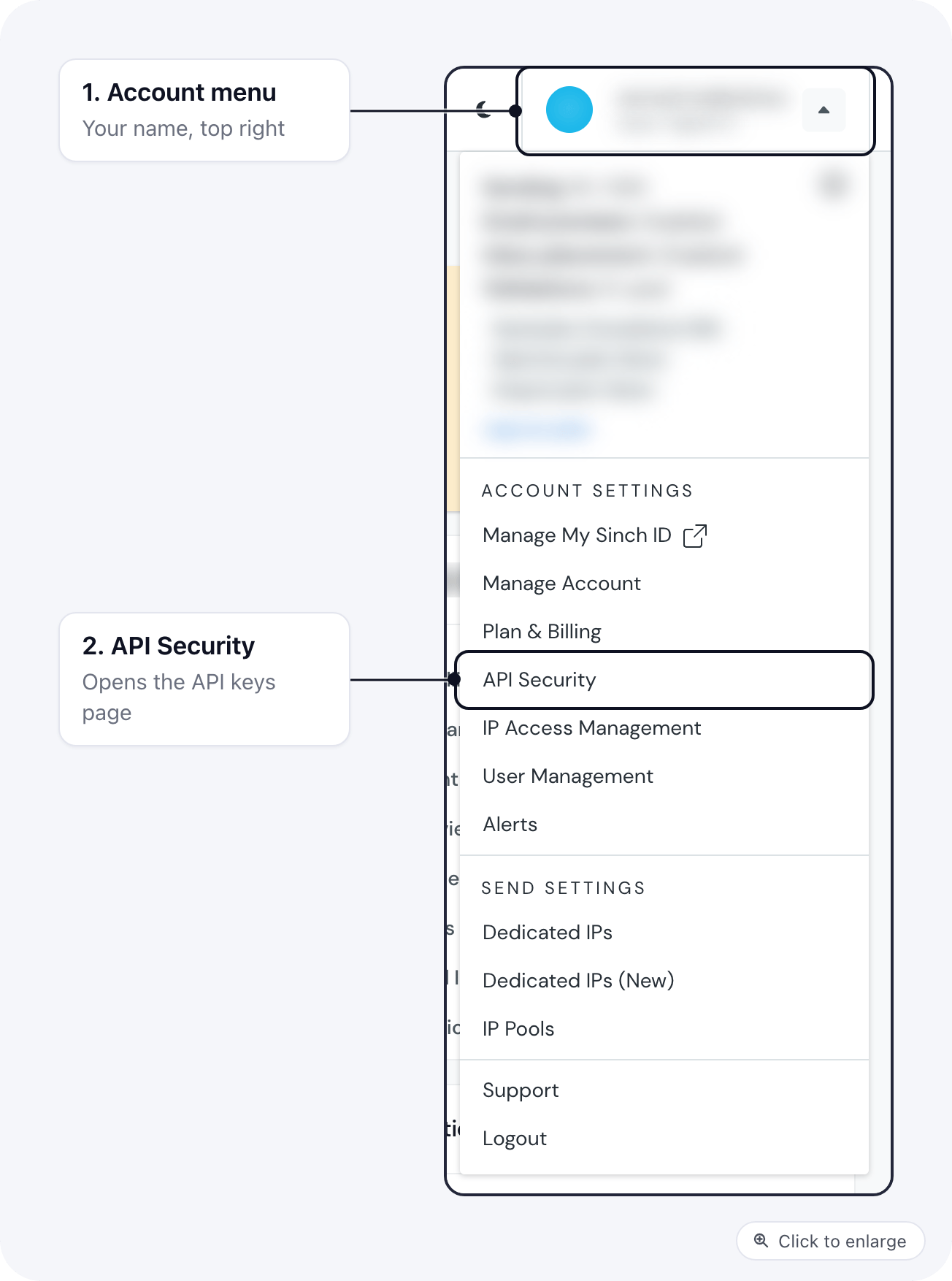 Mailgun's account menu opened from the top right, with API Security near the bottom