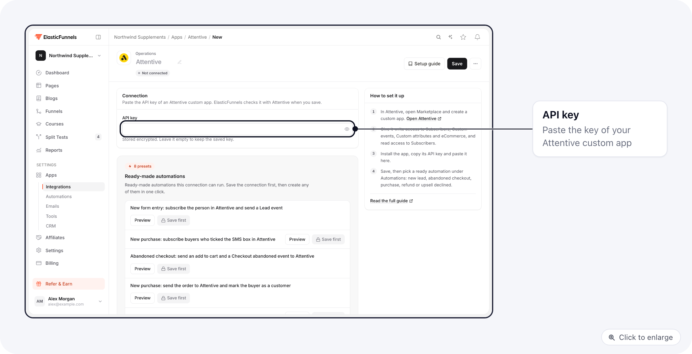 Attentive connection form with the API key field