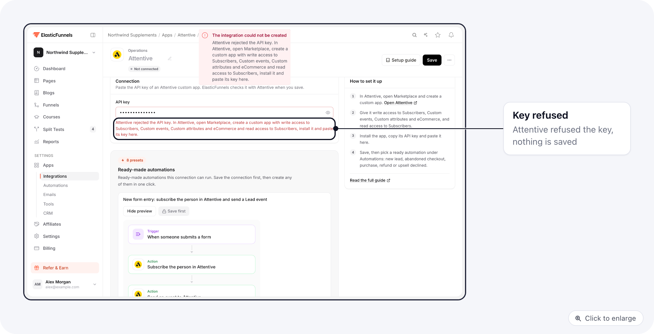 The error shown when Attentive refuses the API key