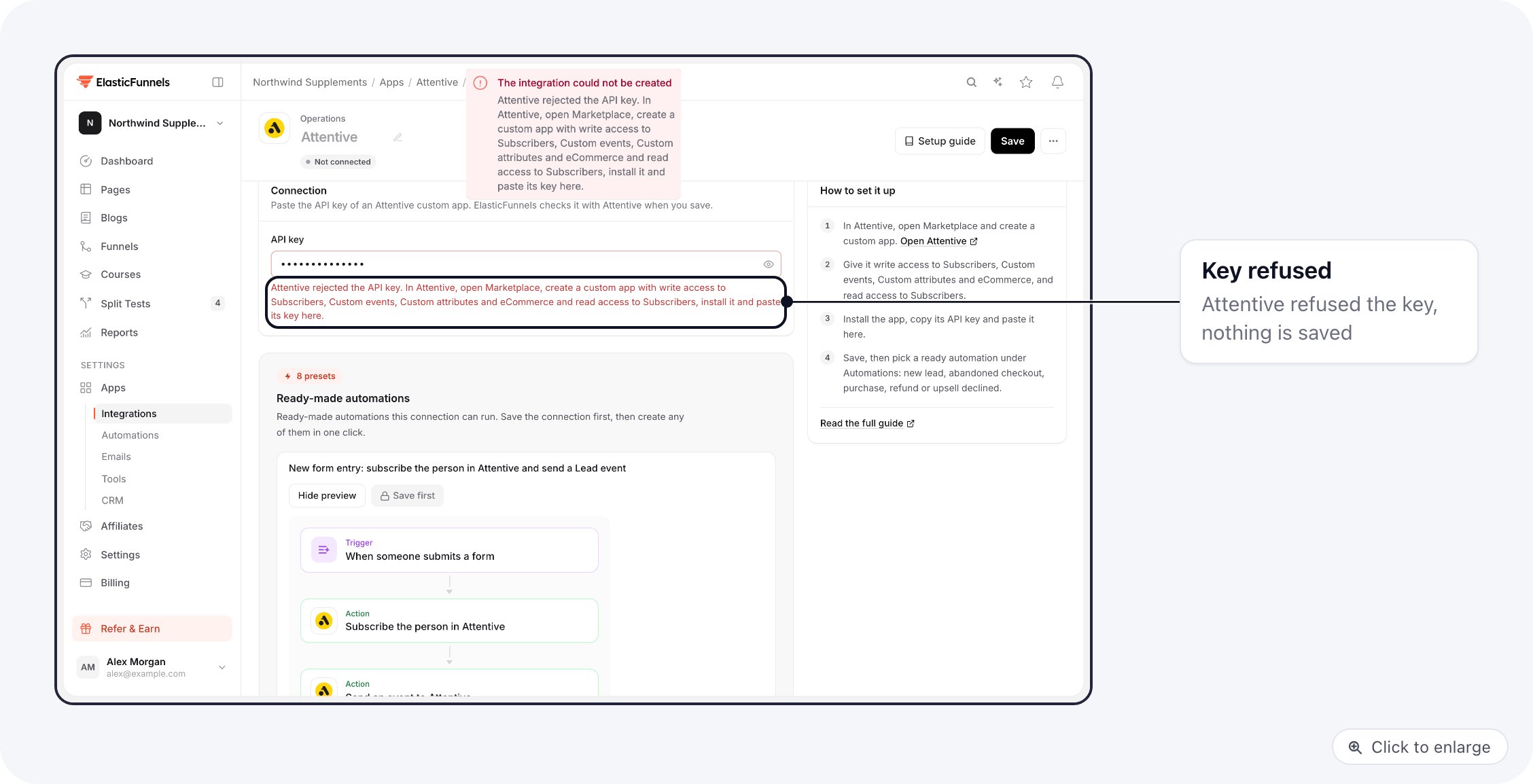 The error shown when Attentive refuses the API key