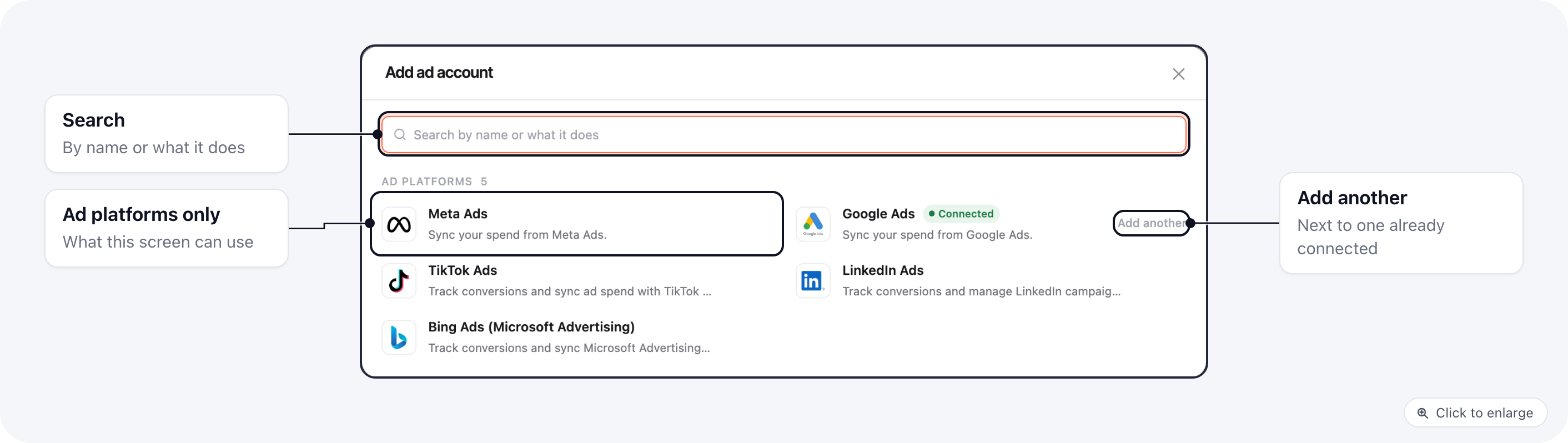 Ad Campaigns: Add ad account opens a window listing only the ad platforms, with Google Ads marked Connected and an Add another link