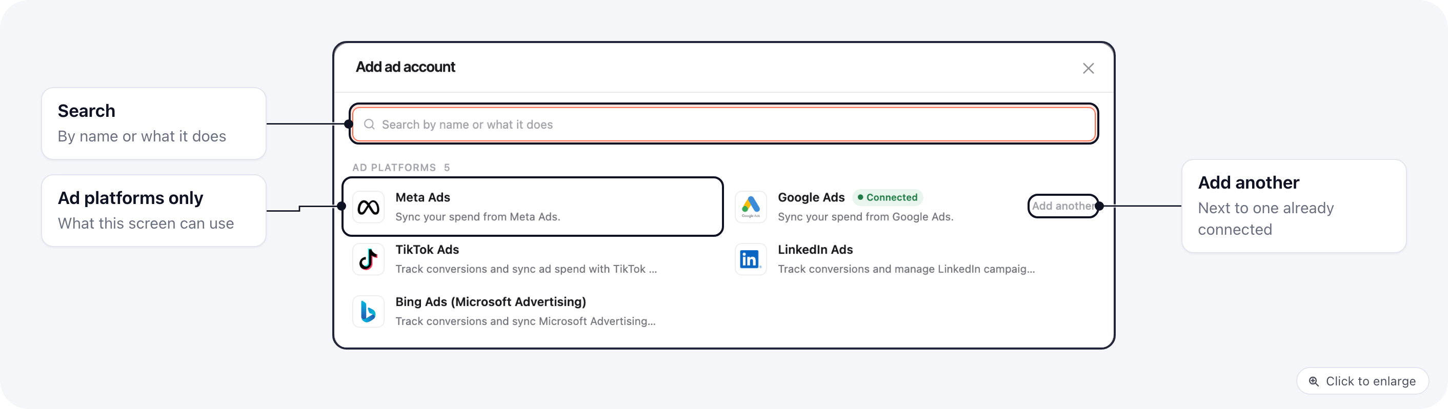 Ad Campaigns: Add ad account opens a window listing only the ad platforms, with Google Ads marked Connected and an Add another link