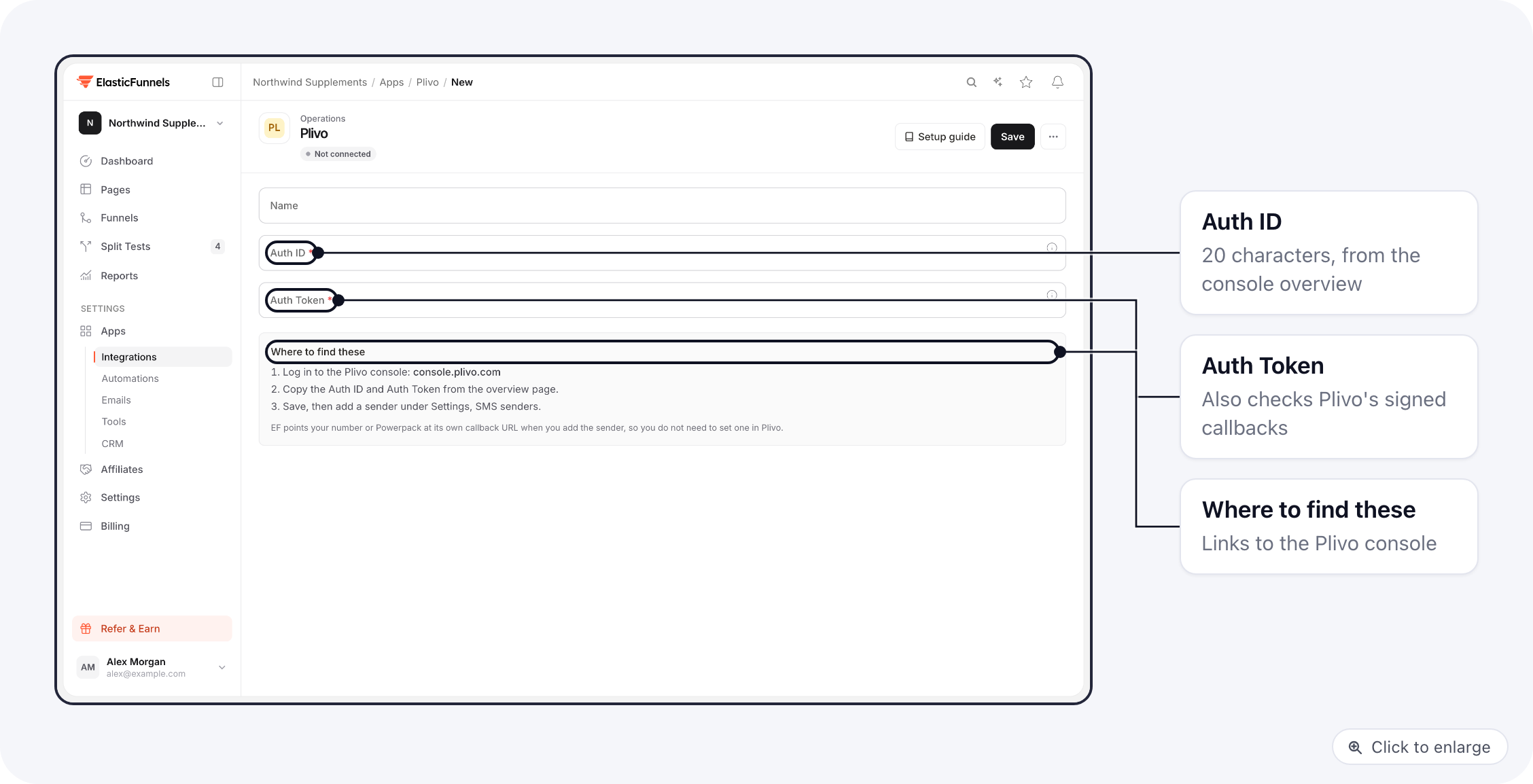 The Plivo connection form: Name, Auth ID and Auth Token, with where to find them in the Plivo console