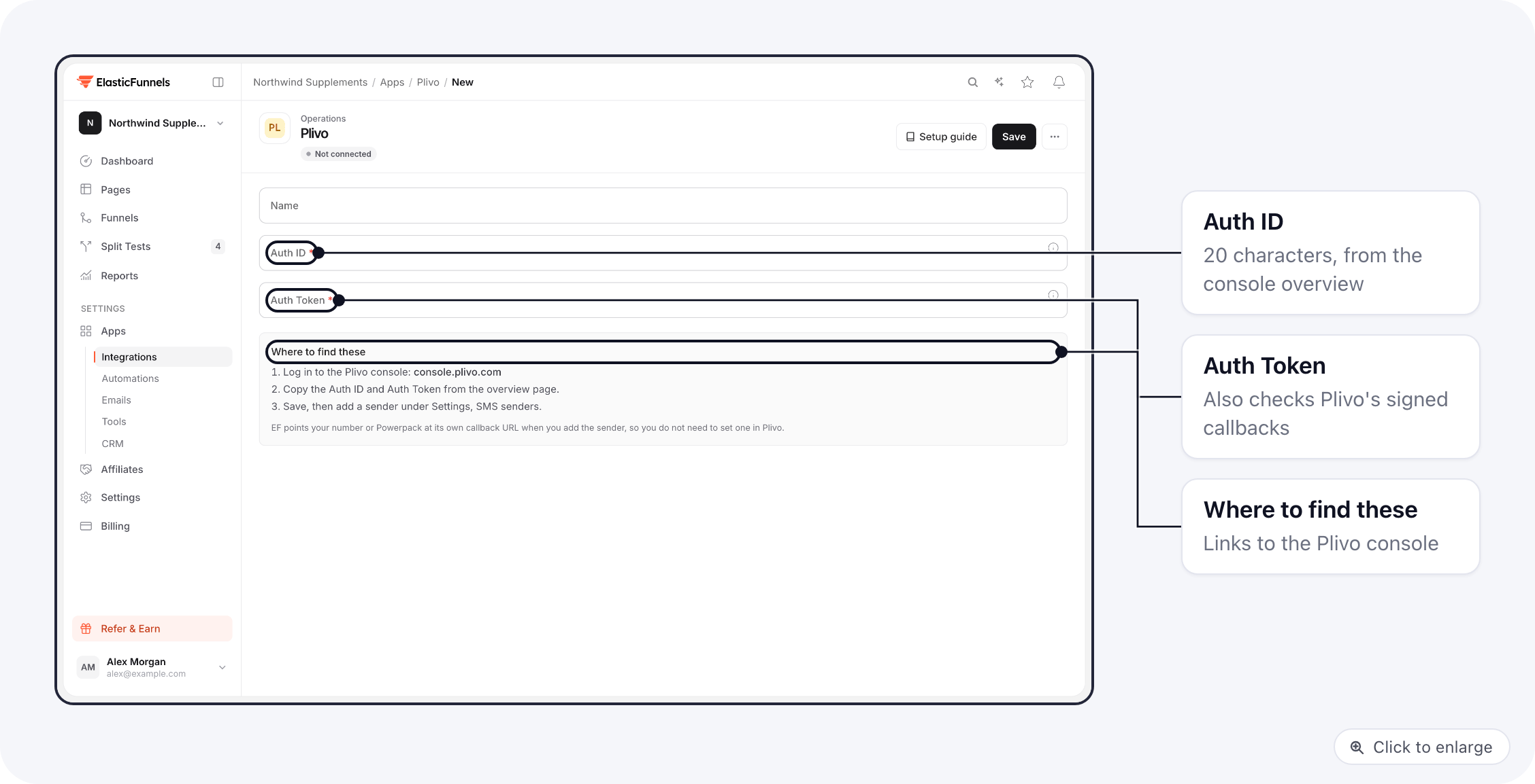 The Plivo connection form: Name, Auth ID and Auth Token, with where to find them in the Plivo console