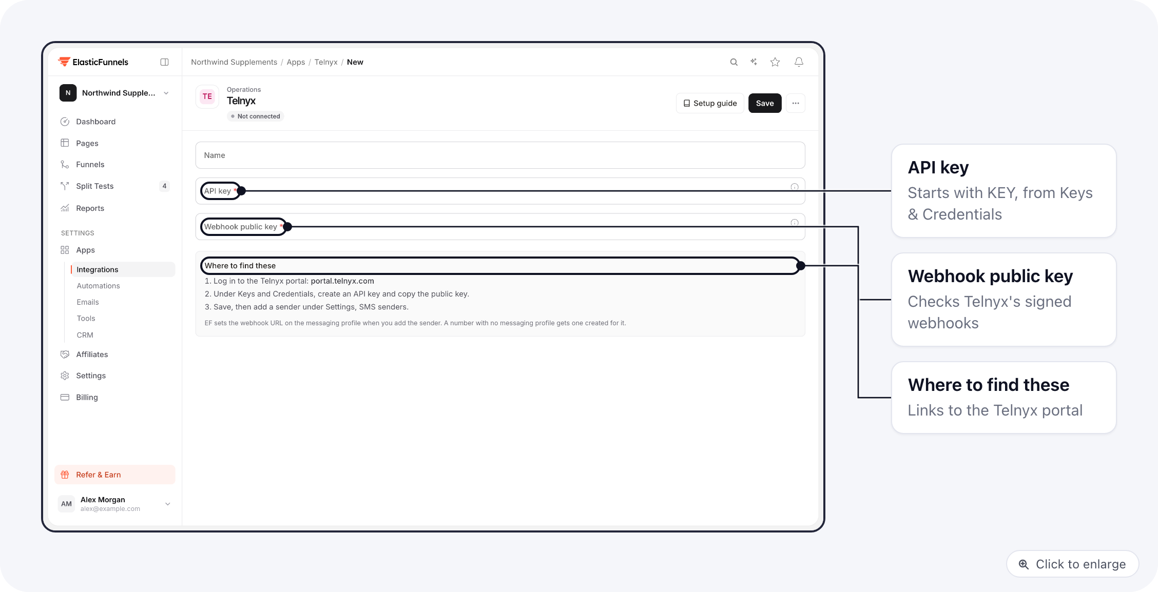 The Telnyx connection form: Name, API key and Webhook public key, with where to find them in the Telnyx portal