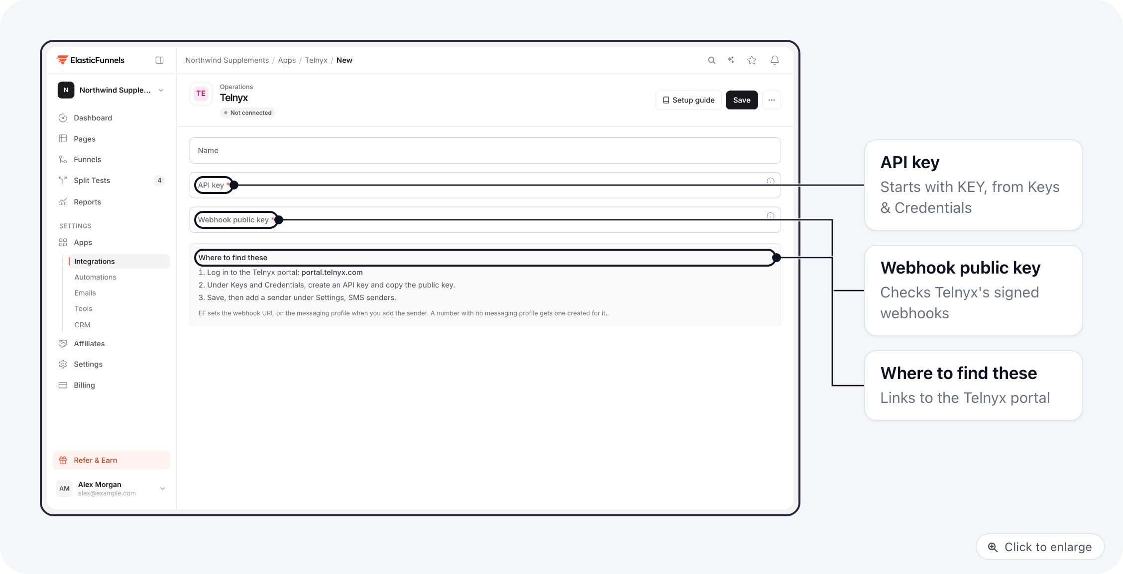 The Telnyx connection form: Name, API key and Webhook public key, with where to find them in the Telnyx portal