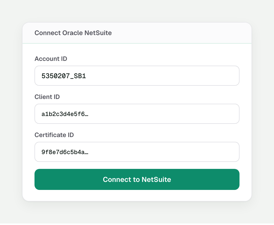 Elastly's Connect Oracle NetSuite dialog with Account ID, Client ID, and Certificate ID fields.