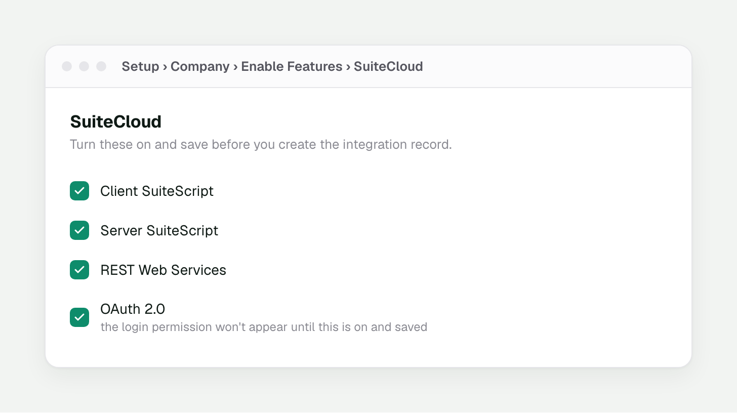 The SuiteCloud tab with Client SuiteScript, Server SuiteScript, REST Web Services, and OAuth 2.0 all checked.