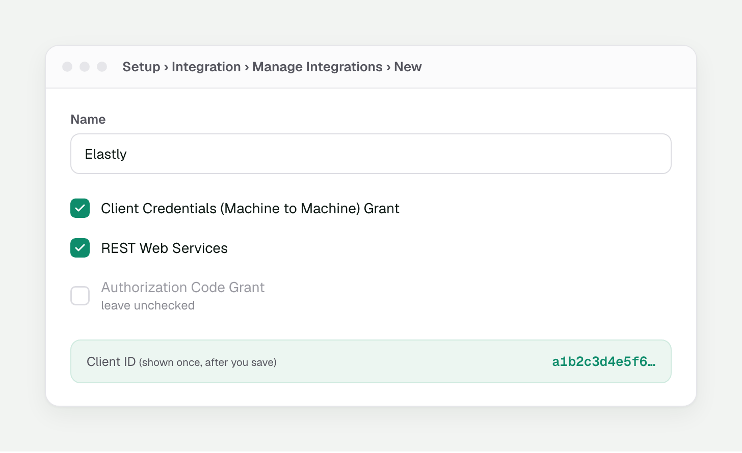 NetSuite integration record with Client Credentials grant and REST Web Services checked, Authorization Code Grant unchecked, and the Client ID shown.