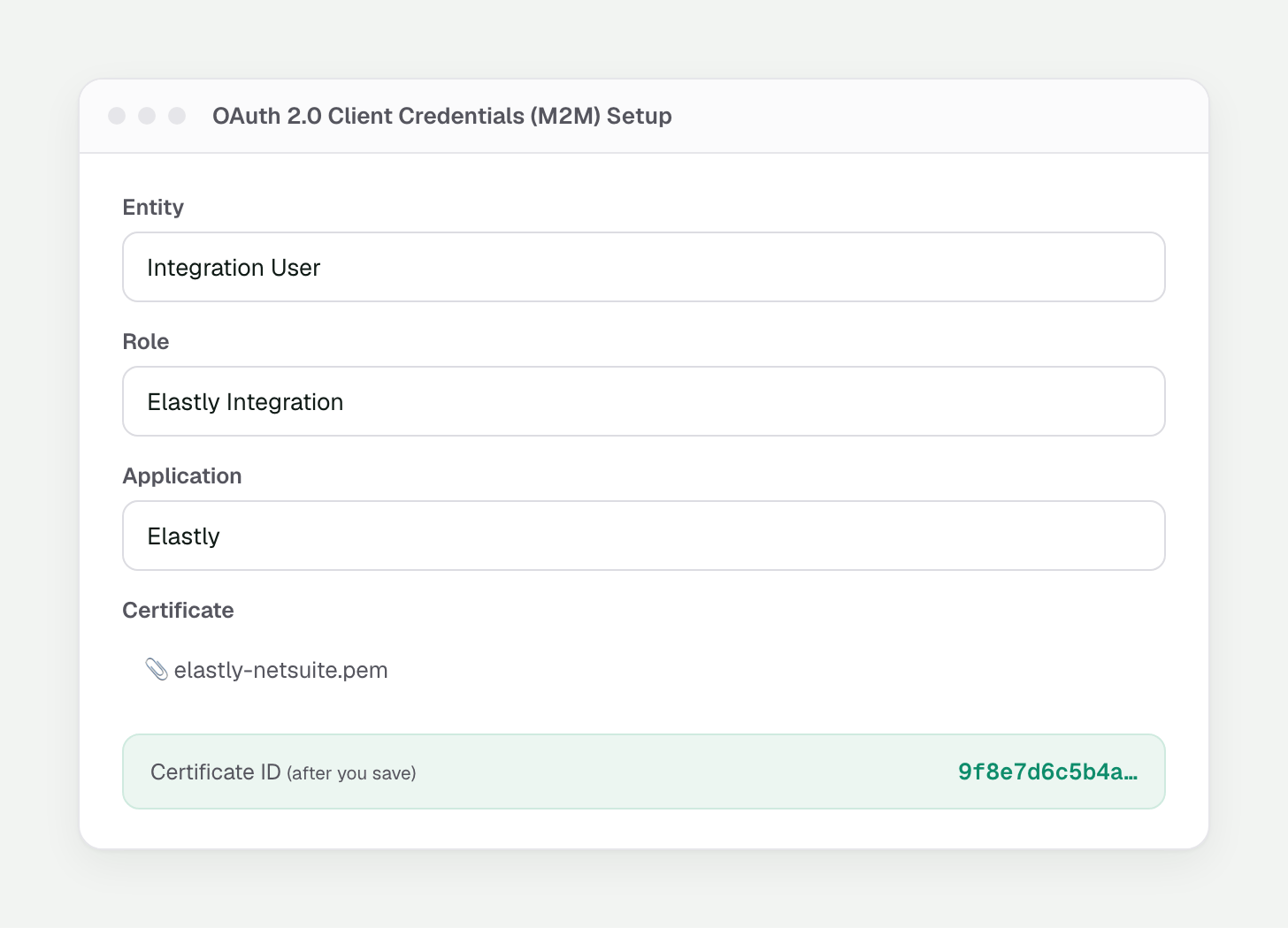 NetSuite OAuth 2.0 M2M setup with the entity, role, application, and the elastly-netsuite.pem certificate uploaded, showing the Certificate ID.