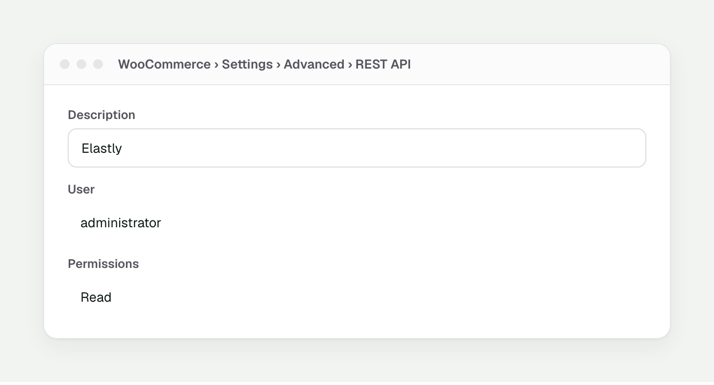 WooCommerce REST API key form: description Elastly, user administrator, permissions Read.
