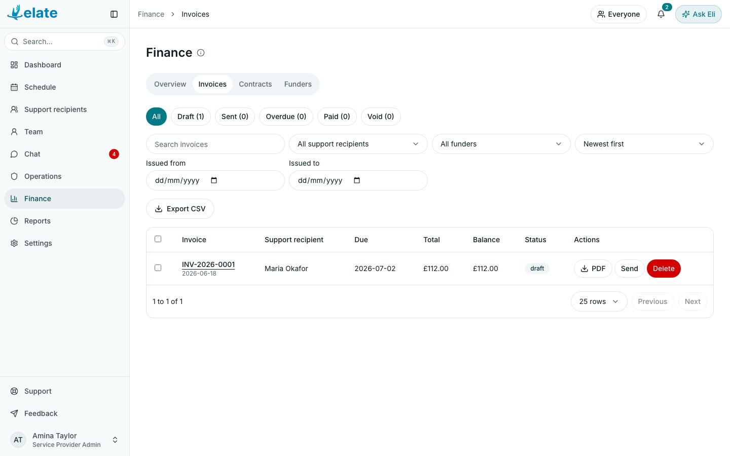 Finance, Invoices tab (demo data)