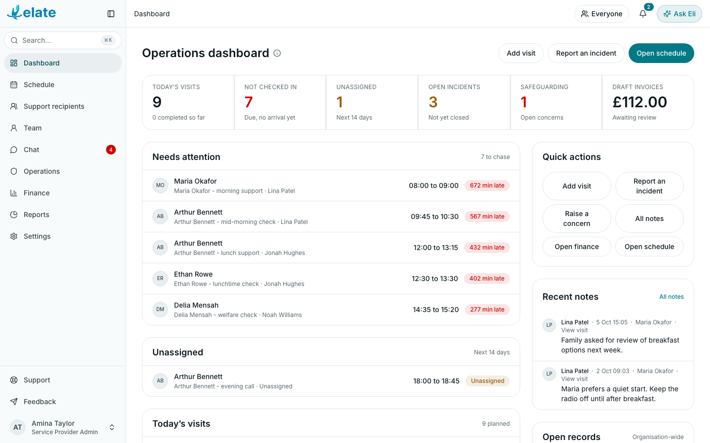 The Operations dashboard on the web, with the sidebar on the left and Ask Eli at the top right (demo data)