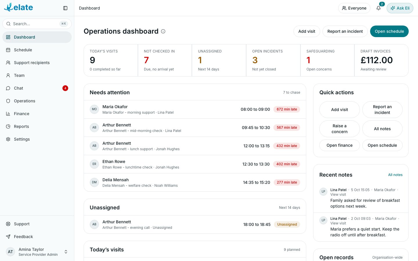 The Operations dashboard on the web, with the sidebar on the left and Ask Eli at the top right (demo data)