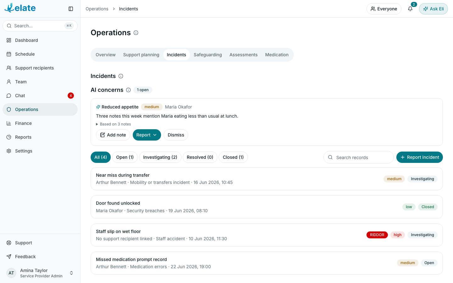 Operations, Incidents tab, with the status filters, Search records and Report incident (demo data)