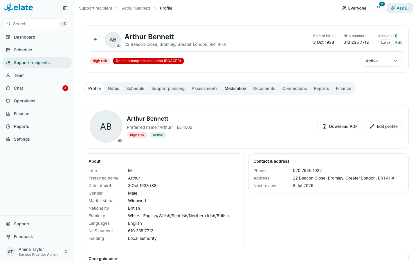 A support recipient's profile with its tabs, Record status, Download PDF and Edit profile (demo data)