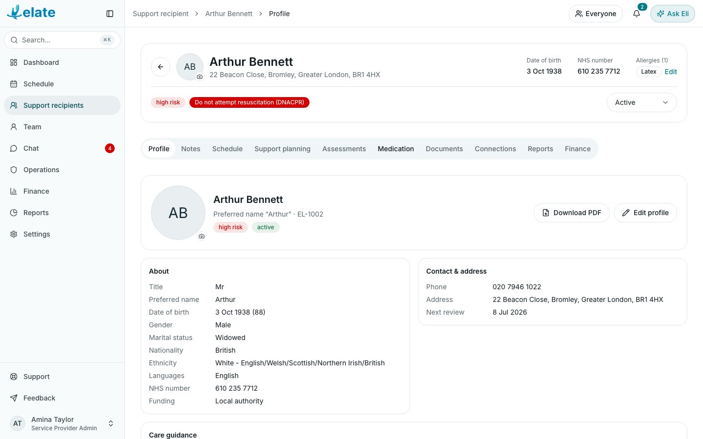A support recipient's profile with its tabs, Record status, Download PDF and Edit profile (demo data)