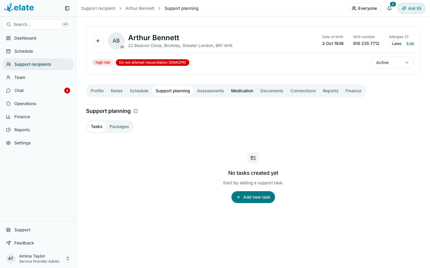 The Support planning tab on a support recipient's profile, with Tasks and Packages and Add new task (demo data)
