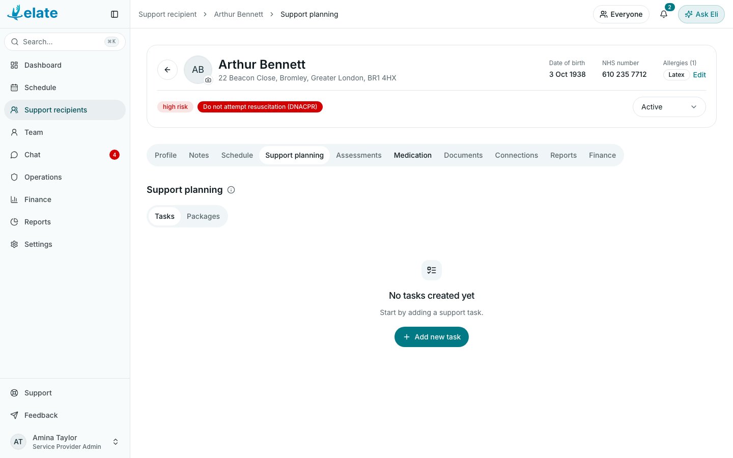 The Support planning tab on a support recipient's profile, with Tasks and Packages and Add new task (demo data)