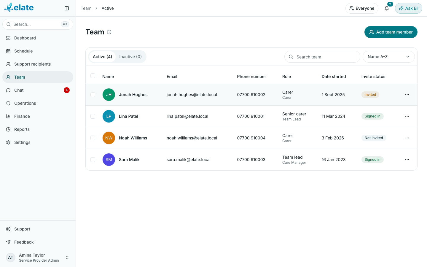The Team list on the web (demo data)
