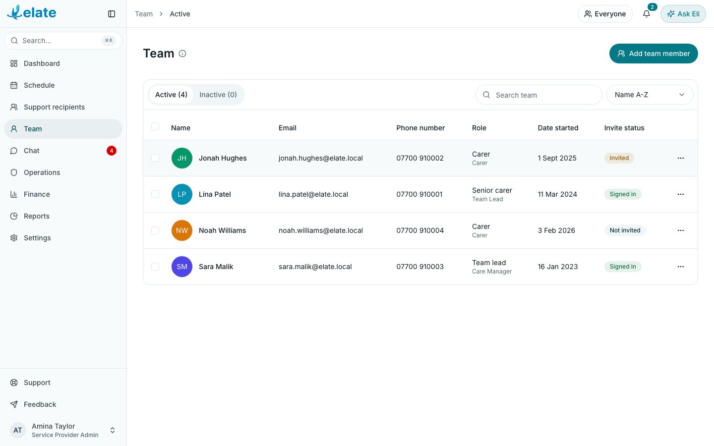 The Team list on the web (demo data)