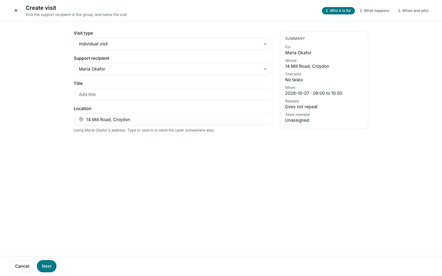The Create visit page on its first step, Who it is for, with the summary on the right (demo data)