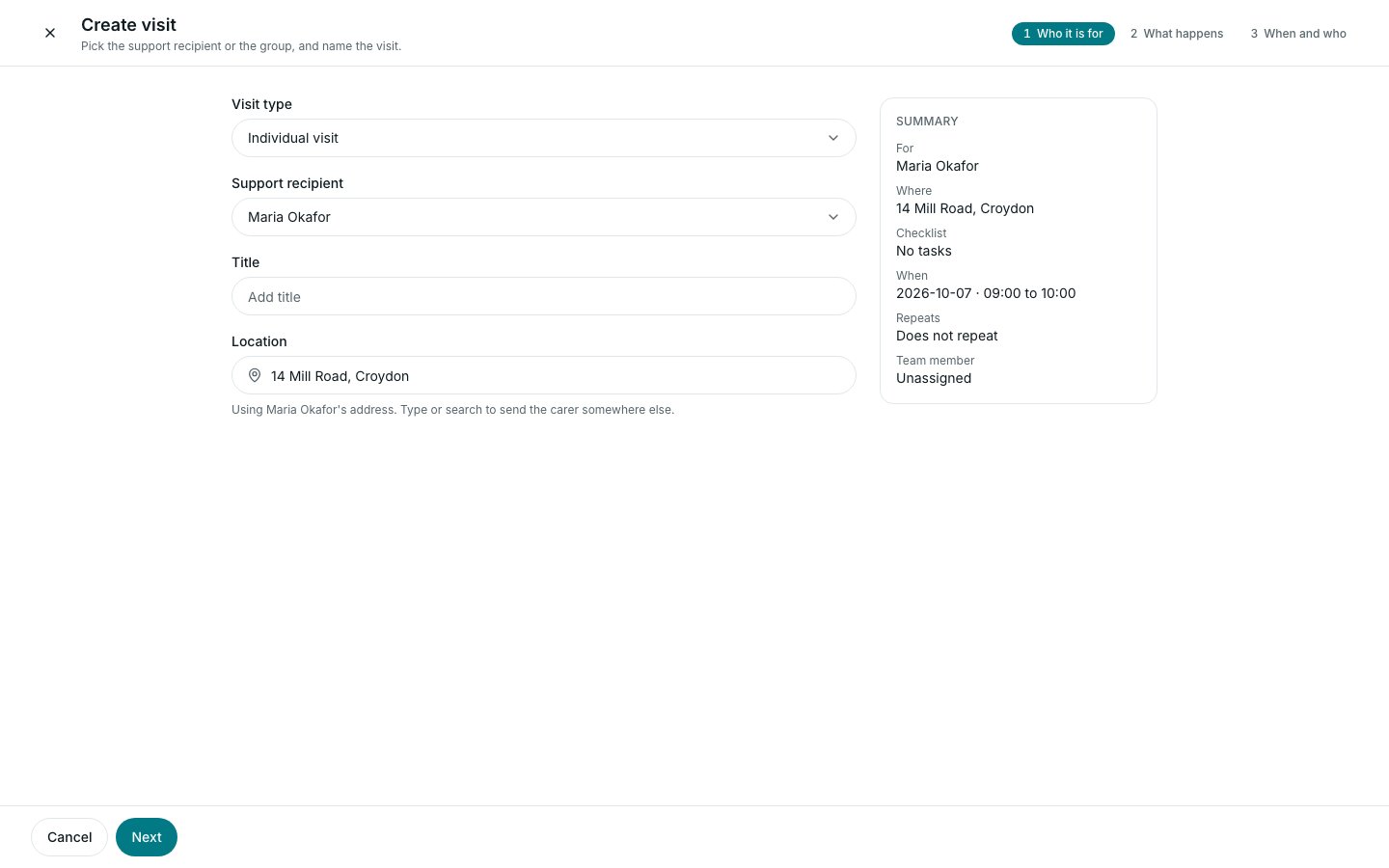 The Create visit page on its first step, Who it is for, with the summary on the right (demo data)