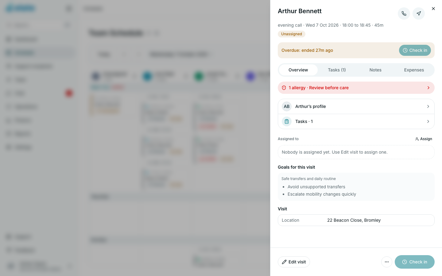 A visit sheet open on its Overview tab, with Check in, Edit visit and the Tasks, Notes and Expenses tabs (demo data)
