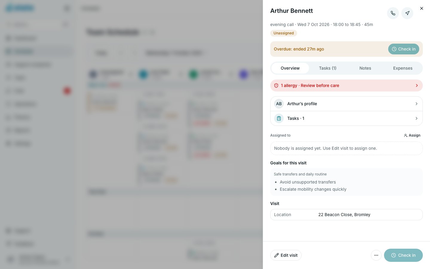 A visit sheet open on its Overview tab, with Check in, Edit visit and the Tasks, Notes and Expenses tabs (demo data)