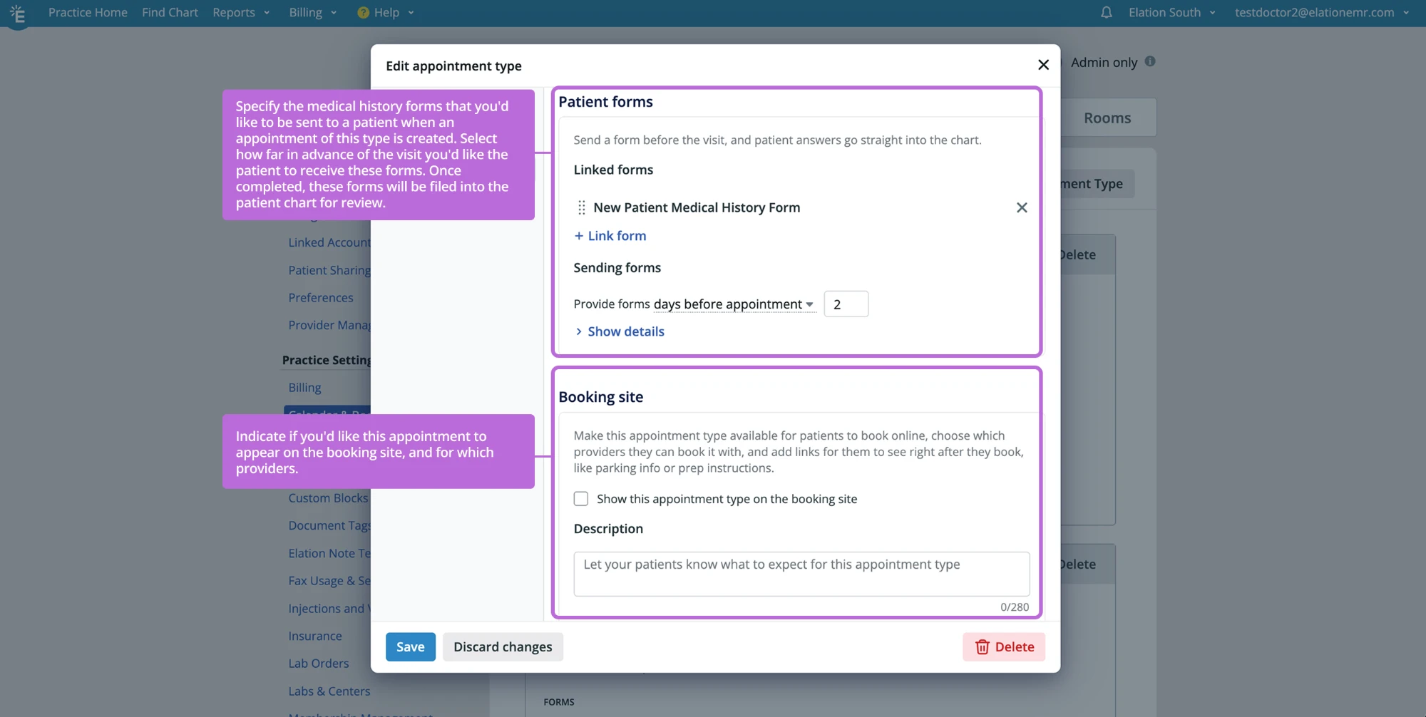 Edit appointment type dialog scrolled to the Patient forms section (Linked forms with a New Patient Medical History Form and a Provide forms timing option) and the Booking site section below it, with the "Show this appointment type on the booking site" checkbox and a Description field.
