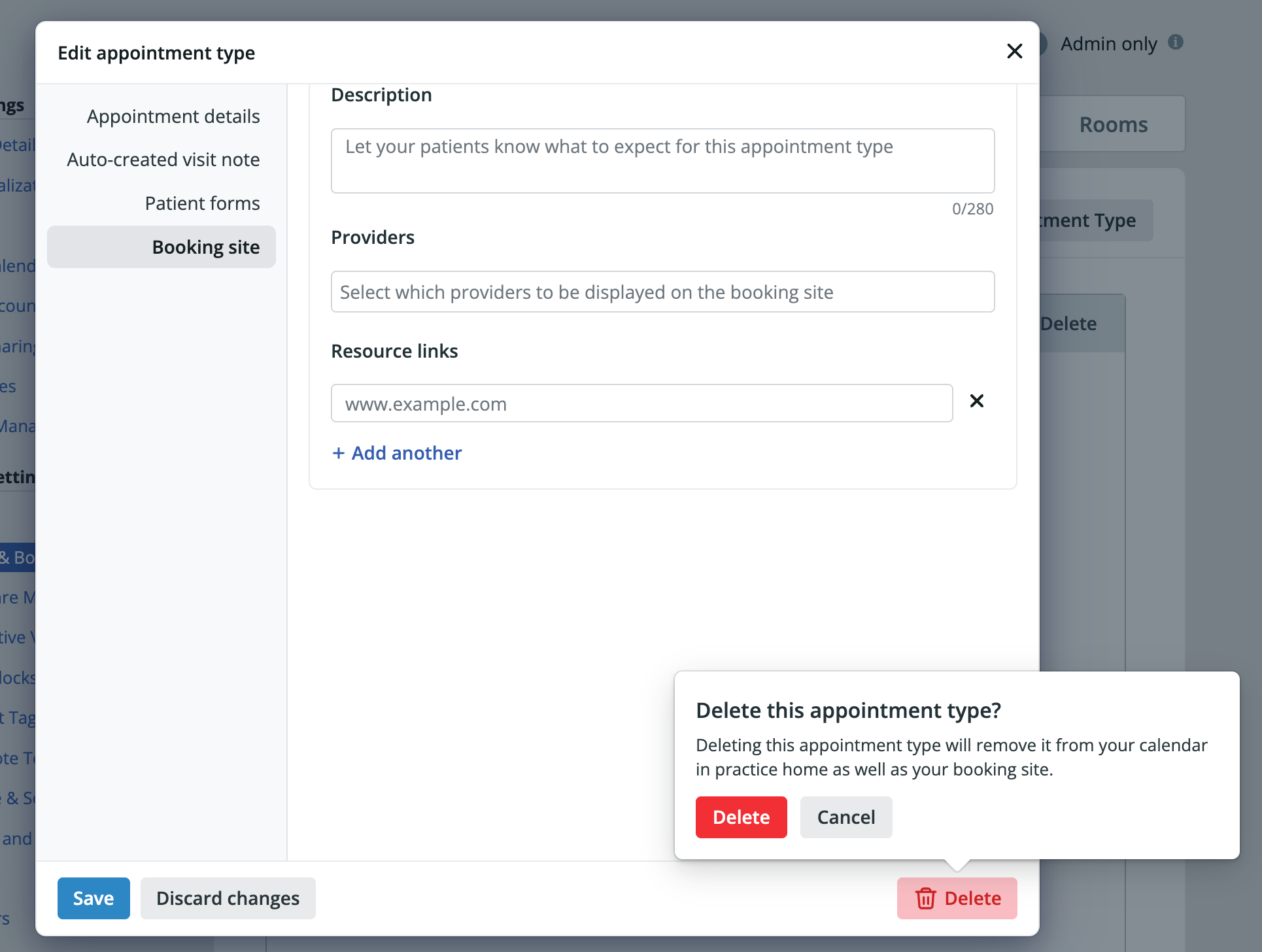 Edit appointment type dialog with a confirmation popover open above the red Delete button in the bottom-right corner. The popover reads "Delete this appointment type?" and explains that deleting it removes it from your calendar in practice home as well as your booking site, with Delete and Cancel buttons.