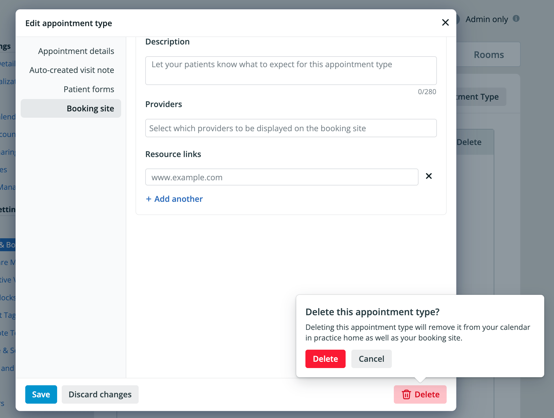 Edit appointment type dialog with a confirmation popover open above the red Delete button in the bottom-right corner. The popover reads "Delete this appointment type?" and explains that deleting it removes it from your calendar in practice home as well as your booking site, with Delete and Cancel buttons.