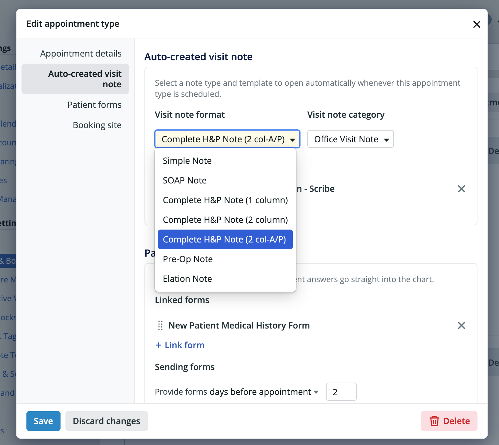 Edit appointment type dialog with the left-hand navigation on "Auto-created visit note." The Visit note format dropdown is open, showing options including Simple Note, SOAP Note, the Complete H&P Note formats, Pre-Op Note, and Elation Note, with "Complete H&P Note (2 col-A/P)" selected. The Visit note category is set to "Office Visit Note."