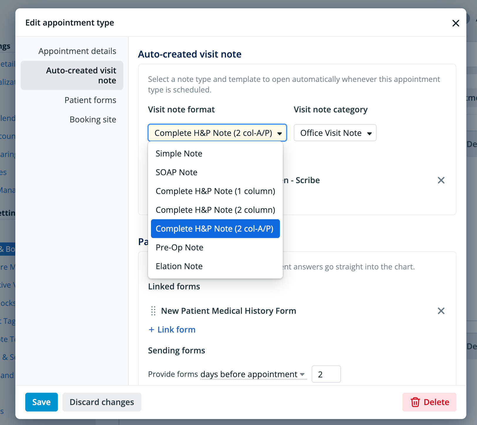 Edit appointment type dialog with the left-hand navigation on "Auto-created visit note." The Visit note format dropdown is open, showing options including Simple Note, SOAP Note, the Complete H&P Note formats, Pre-Op Note, and Elation Note, with "Complete H&P Note (2 col-A/P)" selected. The Visit note category is set to "Office Visit Note."