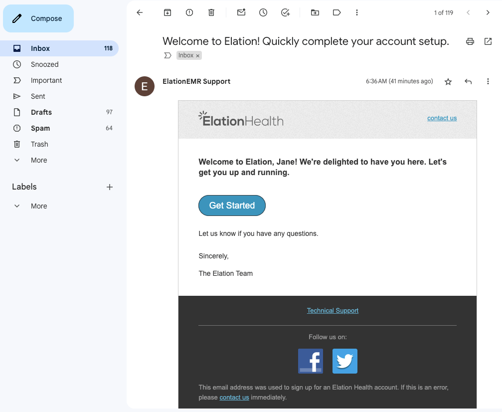 Elation Health welcome email in Gmail inbox with subject "Welcome to Elation! Quickly complete your account setup." showing a "Get Started" button in the email body.