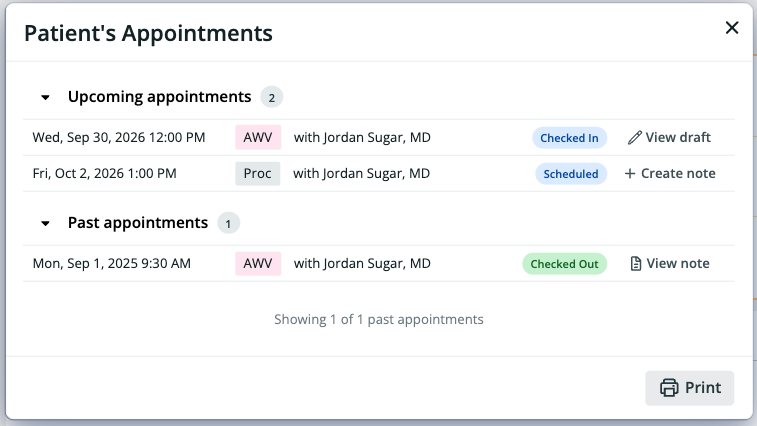 Patient's Appointments dialog listing upcoming and past appointments. Each row has a note button on the right that reflects the state of that appointment's visit note: "View draft" for an unsigned draft, "Create note" when no note exists yet, and "View note" for a signed note.